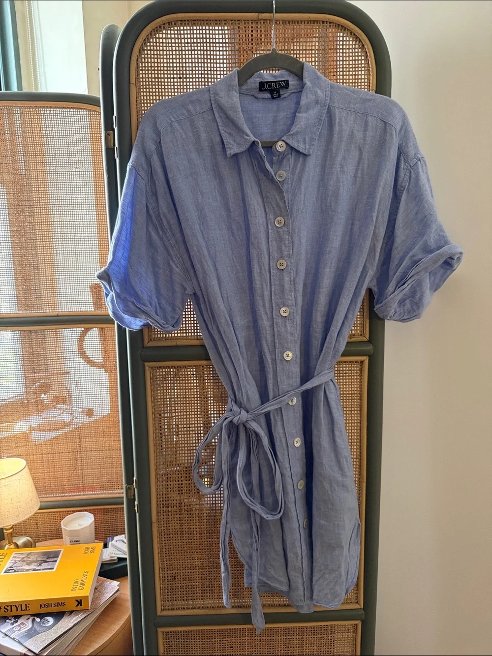 J.Crew Petite Capitaine Linen Shirtdress French Blue PL Button Front Belted